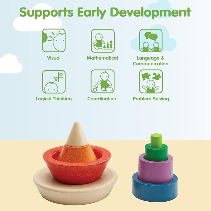PlanToys® Cone Sorting Wooden Toy Set for Kids Ages 3+ Montessori Activity | cone sorting set, montessori colour size recognition, fine motor skill logic focus, ages 3+ educational wooden toy, preschool