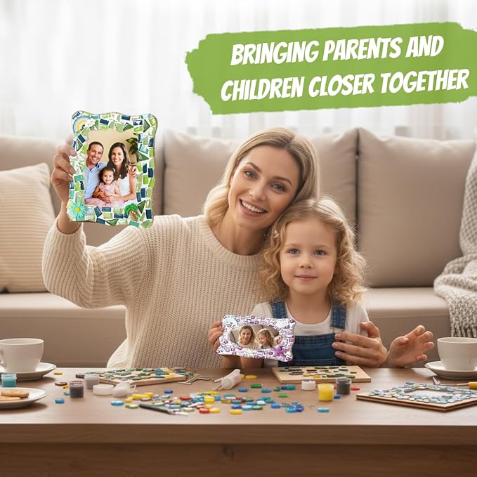 A&H Zier Mosaic Kit 3-Pack 5x7/4x6 DIY Photo Frames Craft for Kids 6+ | Mosaic kit for kids 8-12 3 wooden frames (fit 4x6/5x7) 200+ glass tiles non-toxic glue tools&instructions Fun family activity