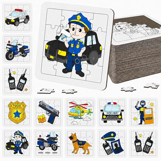 Cinrobiye 24 PCS Police Coloring Puzzle Craft Kit for Kids, DIY Officer Jigsaw Activity Set Bulk with 12 Designs, Law Enforcement Birthday Party Favors, Classroom Art Games, Creative Rewards