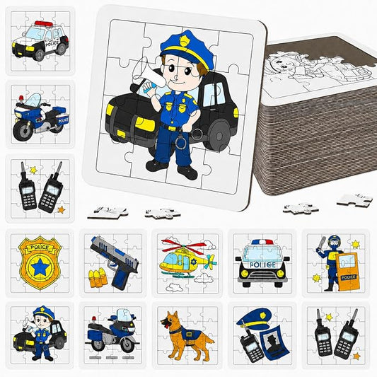 Cinrobiye 24 PCS Police Coloring Puzzle Craft Kit for Kids, DIY Officer Jigsaw Activity Set Bulk with 12 Designs, Law Enforcement Birthday Party Favors, Classroom Art Games, Creative Rewards