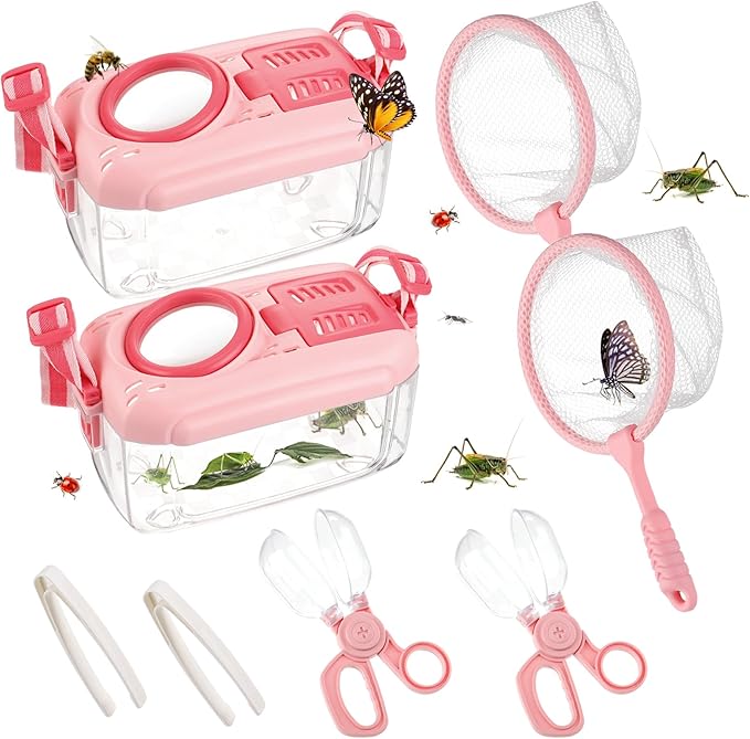 2 Sets Bug Catcher for Kids, Bug Catching Kit Gifts with Butterfly Net Toys | Built-in Magnifying Glass Bugs Box, Kids Camping Toys Bugs Collection Outdoor Explorer Kit for Girls Age 3 4 5 6 7 8, Pink