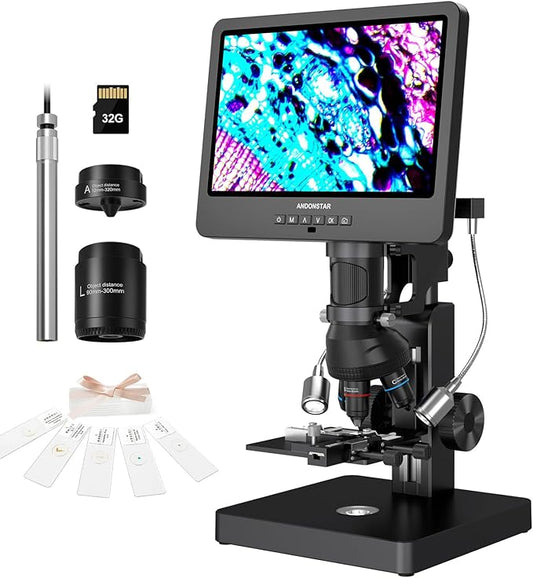 Andonstar AD269S 20X-5000X HDMI Digital Microscope, 5 Lens 2160P UHD Video | 10.1'' LCD IPS Screen, Metal Biological Stand, X-Y Moveable Stage, Endoscope, Home Lab Microscope Kit with Slides, 32GB Card