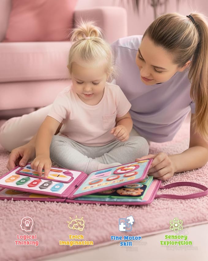 Pink Montessori Busy Board,8-Page Sensory Activity Book for Fine Motor Skills & Basic Dress Learning, Portable Travel Toy for Preschool Kids, Portable Travel Gift for Preschool Girls