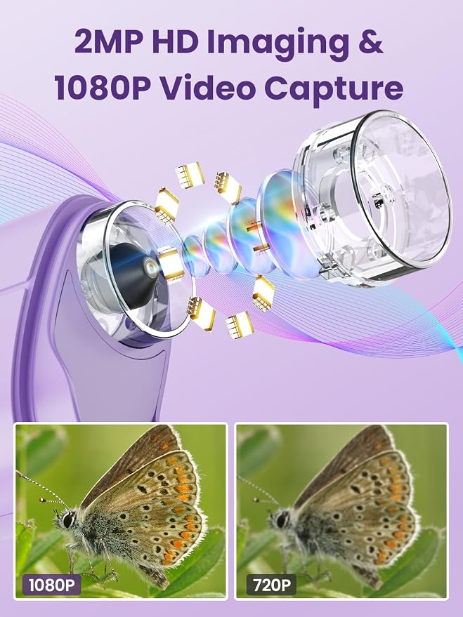 Microscope for Kids, 2.4 Inch Digital Microscope with 1000X Magnification, Handheld Camera Mini Pocket Magnifying Glass, Educational Birthday Gifts Toys for Ages 3+, Purple