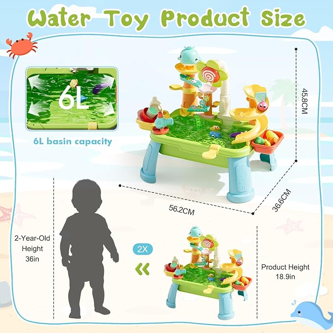 Upgraded 4-in-1 Sand Water Table for Toddlers 1-3, Kids Sensory Table with Electric Water Pump & Sun Flower Faucet, Play Kitchen Sink with Food Accessories, Fishing Toy ‒ Adjustable Height