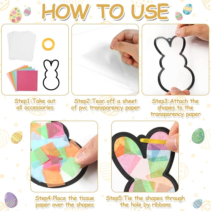 Qyeahkj 36 Set Easter Bunny Suncatchers Crafts for Kids DIY Colorful Rabbits Window Tissue Paper Craft Kit Hanging Decor for Easter Classroom Home Activity Art Project Birthday Party Favor
