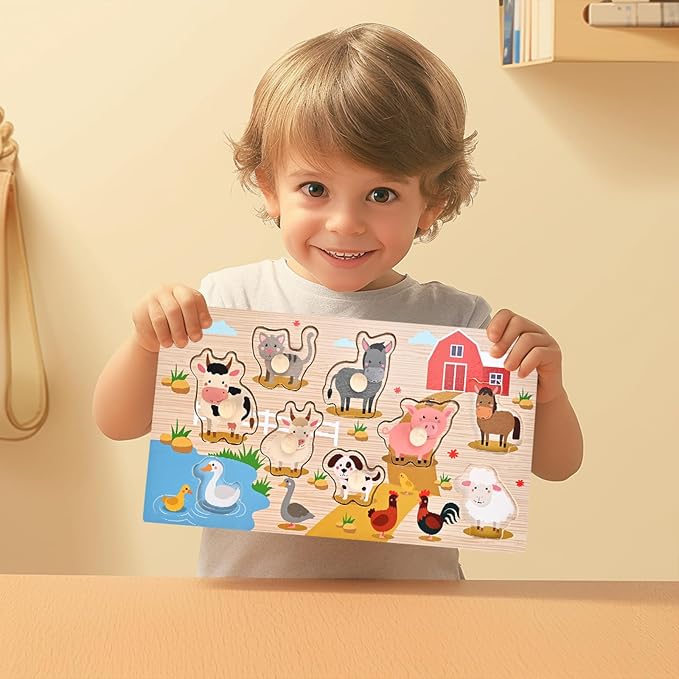 Wooden Peg Puzzles for Toddlers 1-3, 2 Pcs Montessori Puzzles, Animal & Sea Themes Puzzles, Great Preschool Educational Learning Gifts for Girls and Boys