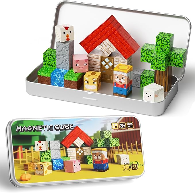 Mini Magnetic Blocks Farm Animals: 35pcs Travel Building Set for Toddlers | STEM Magnet Toys & Portable Iron Box for Kids Ages 3-8 Airplane Activities