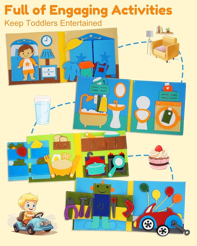 Busy Book for Toddlers 1-3, Montessori Busy Board for 1 Year Old | Felt Activity Books for 1+ year old, Airplane Car Travel Toy, Quiet Books, Kids Ages 2-4 Preschool Educational Learning Gifts