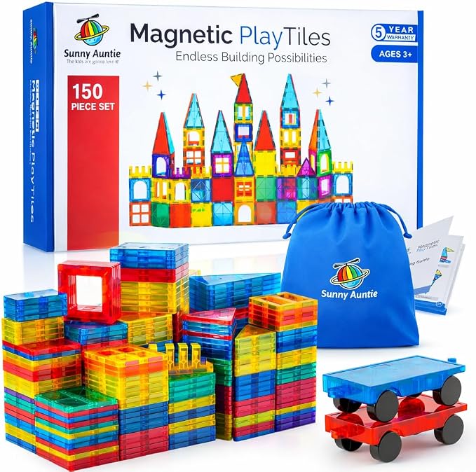 SUNNY AUNTIE Magnetic Tiles STEM Toys Building Set, Ages 3+ - 150 Pieces | Magnetic Tiles Building Toys, STEM Toys, Magnetic Blocks Construction Set, with 2 Cars & Guide Booklet for Kids Ages 3+
