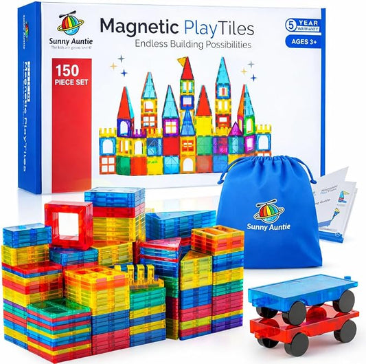 SUNNY AUNTIE Magnetic Tiles STEM Toys Building Set, Ages 3+ - 150 Pieces | Magnetic Tiles Building Toys, STEM Toys, Magnetic Blocks Construction Set, with 2 Cars & Guide Booklet for Kids Ages 3+