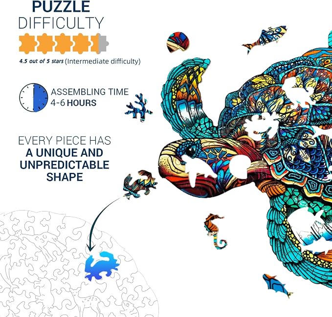 Jigfoxy Wooden Puzzles for Adults, Sea Turtle Wooden Jigsaw Puzzles for Adults Kids, Unique Animal Shape Wood Cut Puzzles, Christmas Thanksgiving Gifts for Friend Turtle Lover (L-14.9*12.6in-301pcs)
