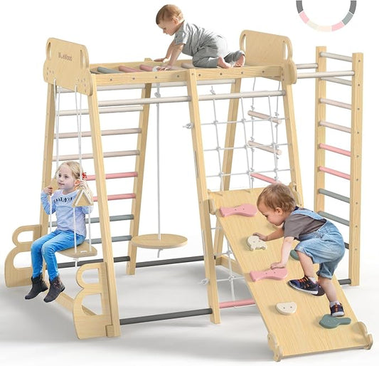 Upgraded Indoor Jungle Gym 9-in-1 Playground Kids Climbing Toys | Waldorf Style Wooden Climber Playset with Slide, Swing, Monkey Bars, Upright/Rope Ladder, Climb Net, Pink