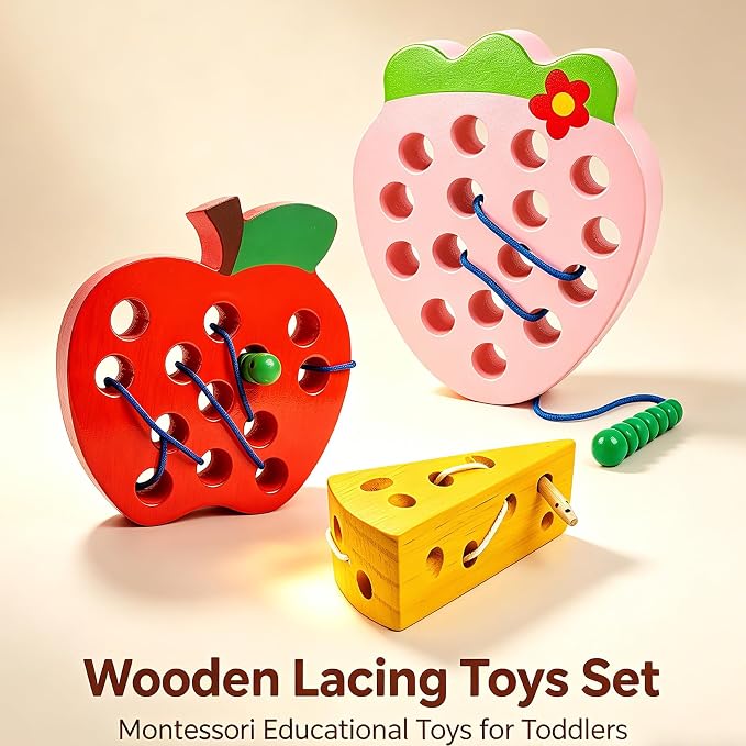 Wooden Lacing Toys for Kids,Car Plane Travel Toys Games Toys Montessori Educational Learning Fine Motor Skills for Boys Girls Ages 3+(3 Pack Threading Toys)