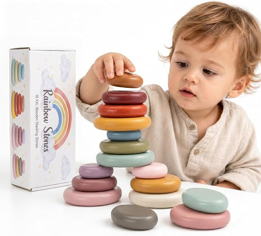 Rainbow Stones Wooden Stacking Rocks for kids 2-4, 16 PCS Montessori Waldorf Toys for 3 4 5 6 Year Old, Balancing Stones, Stacking Building Blocks, Sensory STEM Gift for Boys Girls Kids