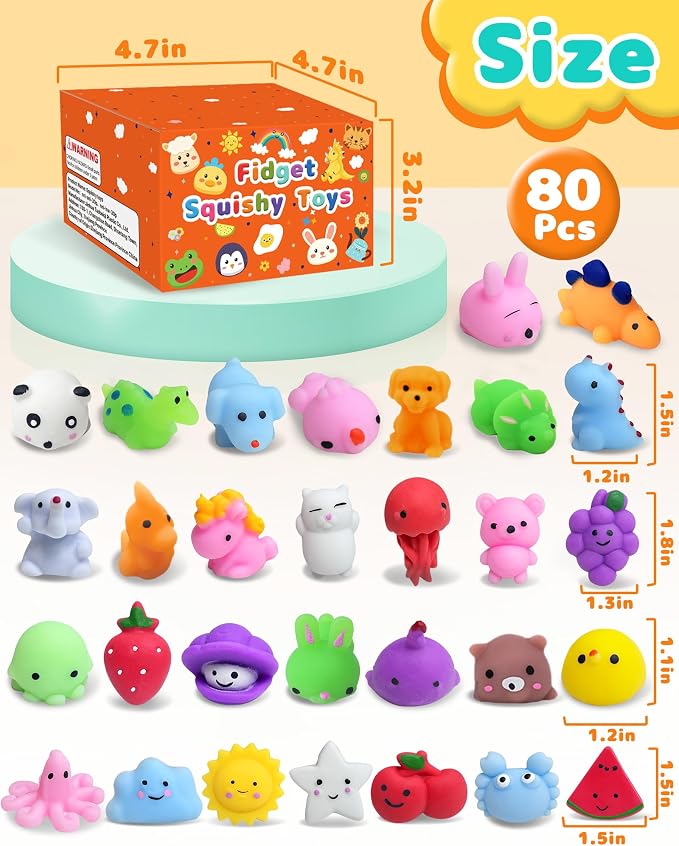 80 Pack Kawaii Squishy Toys, Fidget Party Favors for Kids 3-5, 4-8, 8-12 | Treasure Box Toys for Students, Classroom Prizes, Mini Birthday Gifts, Goodie Bag Stuffers, Bulk Fidget Squeeze Toy