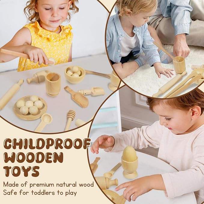 Hiawbon 25PCS Wooden Sensory Bin Tools for Toddlers Sensory Bin Filler | Wooden Pretend Play Sensory Tools Montessori Sensory Wooden Toys Fine Motor Learning Toys for Counting Sorting