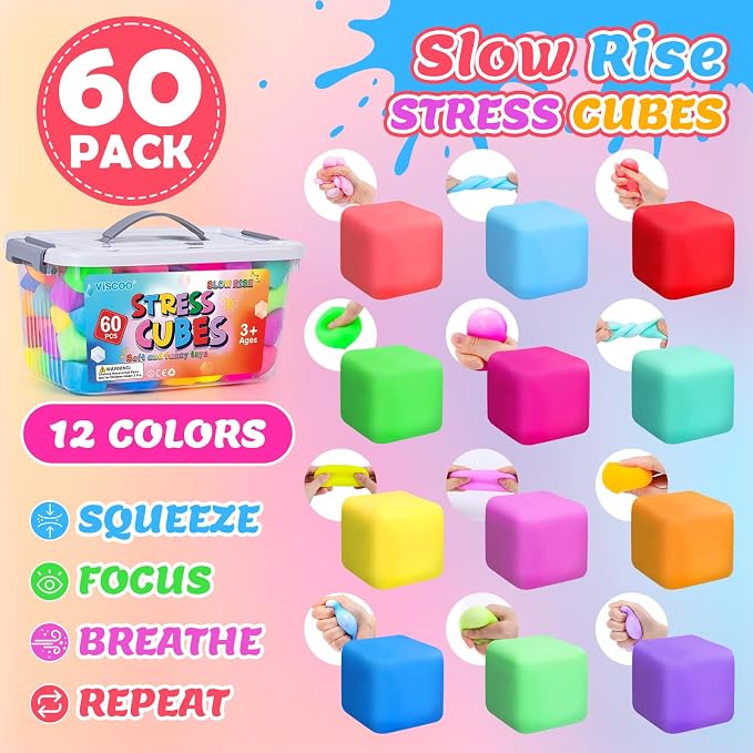 VISCOO 60 Pack Slow Rising Stress Cube, Stress Balls Fidget Squishy Toys | Squeeze Toy for Anxiety Relief, Pull Stretch Squishy Ball for Classroom Prize, Party Favors for Kids Adults
