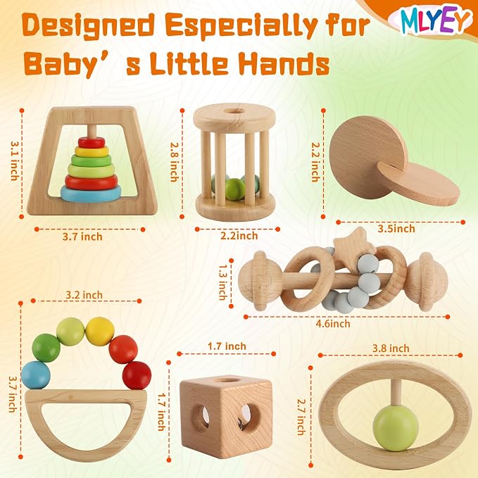 Wooden Baby Rattle, 8PCS Wooden Baby Toys for 7-24 Months Babies, Wooden Montessori Grasp Toy, Natural Beech Wood Baby Grip Toy, Wooden Rattles Toy for Infant Grasping (Colorful)