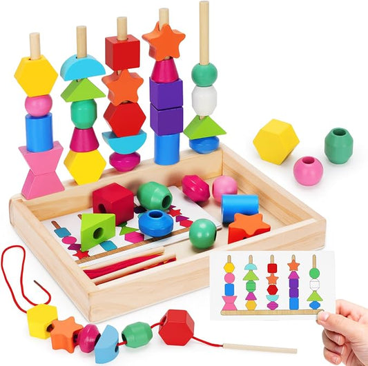 TooyBing Montessori Wooden Lacing Beads Toys for 3 4 Year Old Toddler Kids, Sequencing & Stacking Block Toy with Storage Box, STEM Preschool Learning Toys, Christmas Birthday Gifts for Boys Girls
