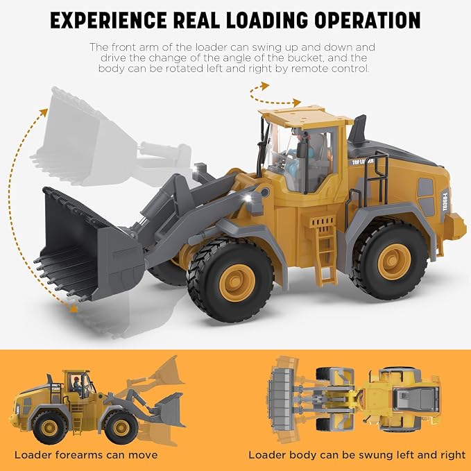 KIDMARKT Metal RC Wheel Loader Toy | 9-Channel Remote Control Construction Truck with Realistic Lights & Sounds, 1:20 Scale Rechargeable Vehicle for Boys Ages 3-12, STEM Engineering Gift for Kids 2026