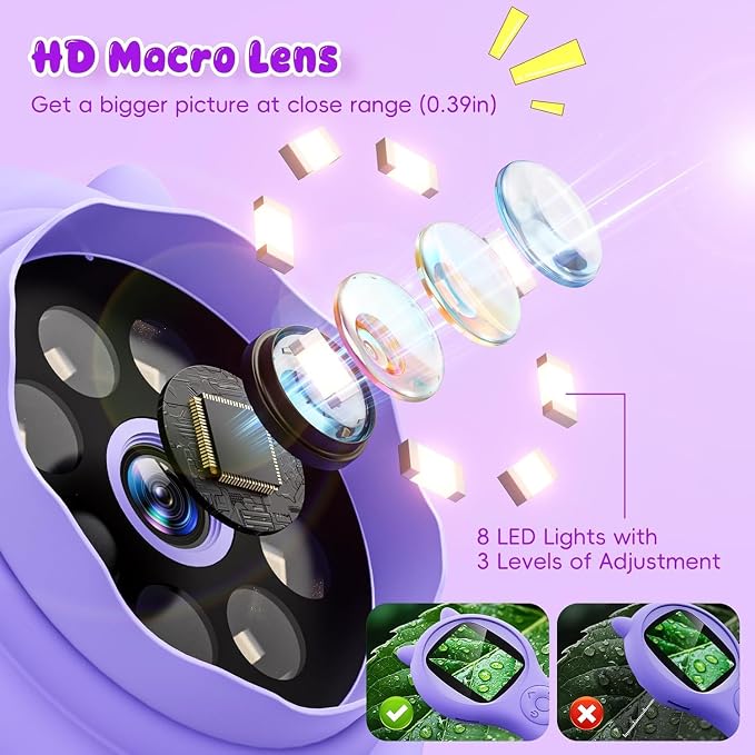 Ashfly Kids Microscope, 500X Digital Magnifying Glass, STEM Toy, Purple | 2-inch IPS Screen, 8 Adjustable LEDs, Macro Autofocus, Built-in Photo Storage, USB-C Charging and Windows PC Viewing