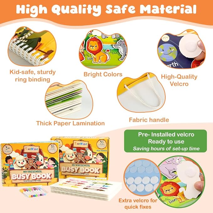 Montessori Busy Book for Toddlers 3-5, 38 Engaging Learning Activities for Preschoolers, Educational Quiet Book for Kids Ages 3-8, Preschool Homeschool Learning Toy