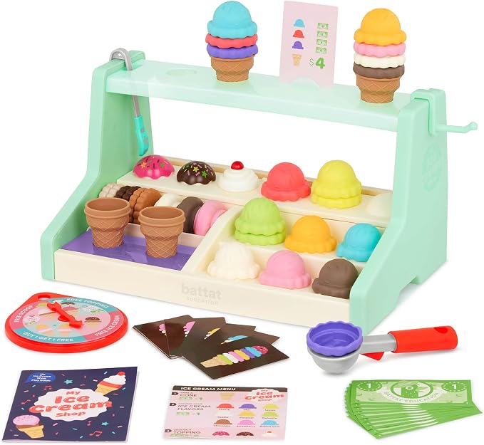 Battat Education – Ice Cream Toys for Kids – Play Ice Cream Set – Ice Cream Stand for Toddlers – Ice Cream Playset – 3 Years + – My Ice Cream Shop (60 Pcs) | Educational ice cream stand with scoops, cones, play cards, money, menu, game wheel, and guide...