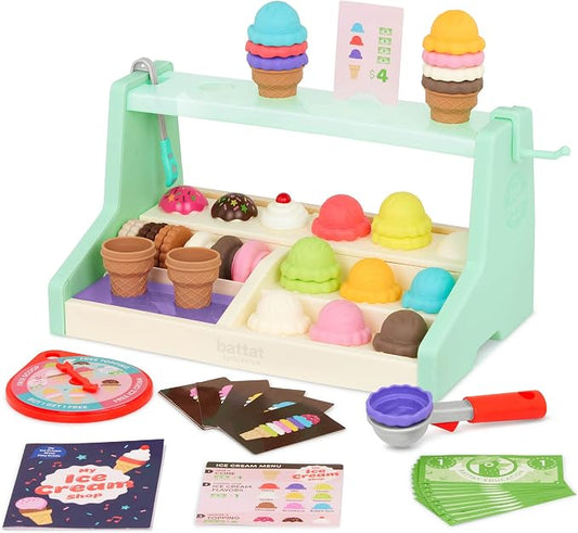 Battat Education – Ice Cream Toys for Kids – Play Ice Cream Set – Ice Cream Stand for Toddlers – Ice Cream Playset – 3 Years + – My Ice Cream Shop (60 Pcs) | Educational ice cream stand with scoops, cones, play cards, money, menu, game wheel, and guide...