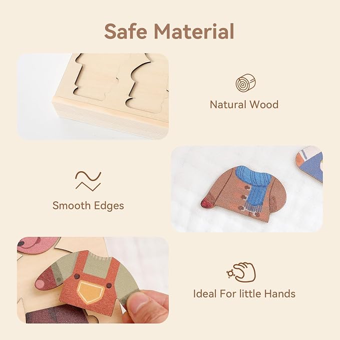 Wooden Dress-Up Puzzle for Ages 3+, Fox Family 17 Mix-and-Match Pieces with Storage Box, Montessori Matching Toy for Fine Motor & Imaginative Play, Birthday