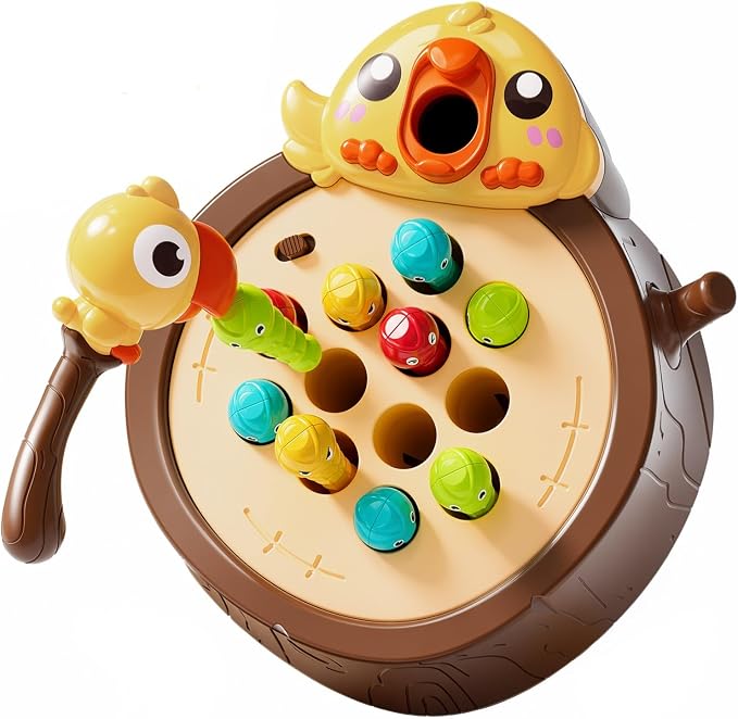Magnetic Bird Feeding Game, Fine Motor Skills Ages 3-5 Birthday Girls Gift | Woodpecker Worm Catching Game, Montessori Educational Toy, 2 Speeds with Music, Safe Materials Ideal Gift for Toddlers 3-5