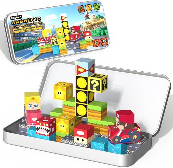 35PCS STEM Educational Mini Magnetic Building Blocks for Kids Ages 3-8 | Mini Magnetic Tiles Travel Set with Portable Iron Storage Box, Montessori Sensory Toys Gifts for Toddlers, Boys & Girls