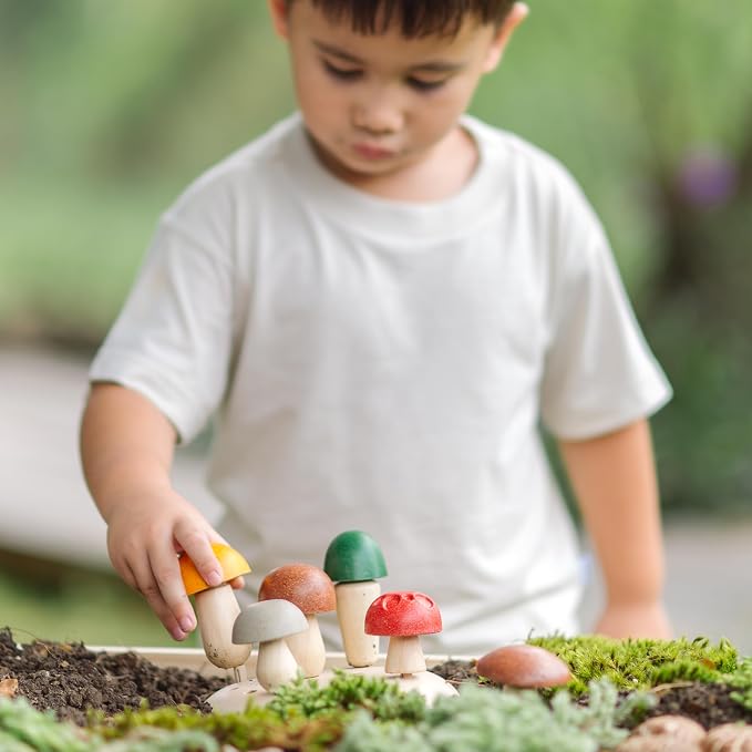 PlanToys® Wooden Play & Pick Mushrooms Toy Kids Garden Learning Playset | wooden mushroom play pick set, montessori imaginative sensory, fine motor coordination, color sorting, garden pretend, kids