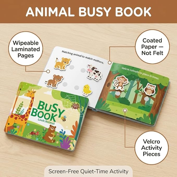 Montessori Busy Book (Animal Theme) – Preschool Learning Activities for Ages 3+, Fine Motor Skills, Travel Activity Kit, Interactive Velcro Learning Toy