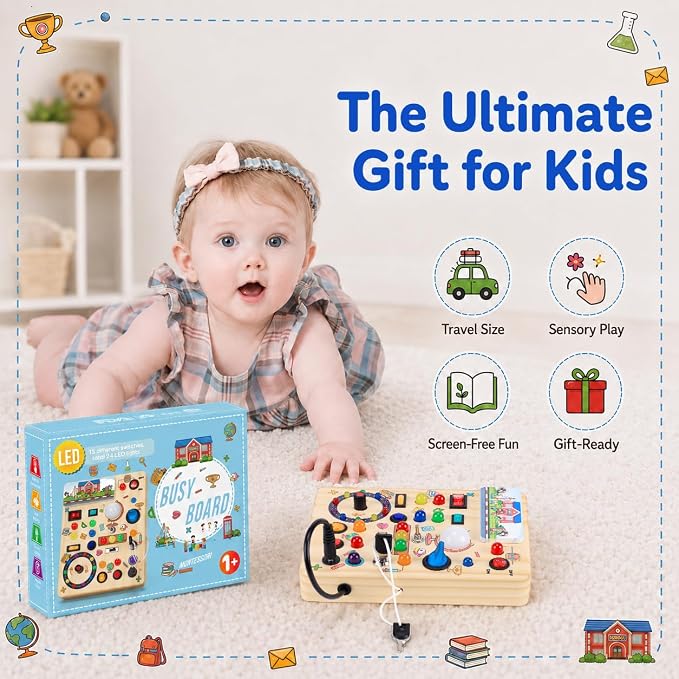 Busy Board with LED Light Switches, Montessori Toys for 1 2 3 Years Old, Toddlers Wooden Toy Sensory Activity Board, Travel Toys for 1+ Year Old Boy & Girl Birthday Gift (School)