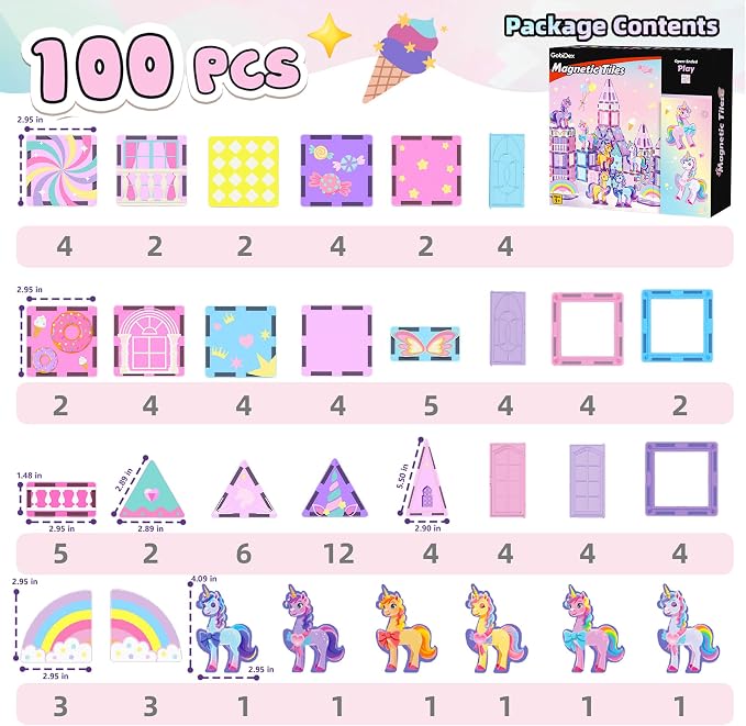 GobiDex 100PCS Unicorn Magnetic Tiles with 6 Unicorns | Princess Castle Unicorn Toys for Girls Age 4-6, STEM Magnetic Blocks Building Toys for 3 4 5 6 Year Old Girl Birthday Gifts