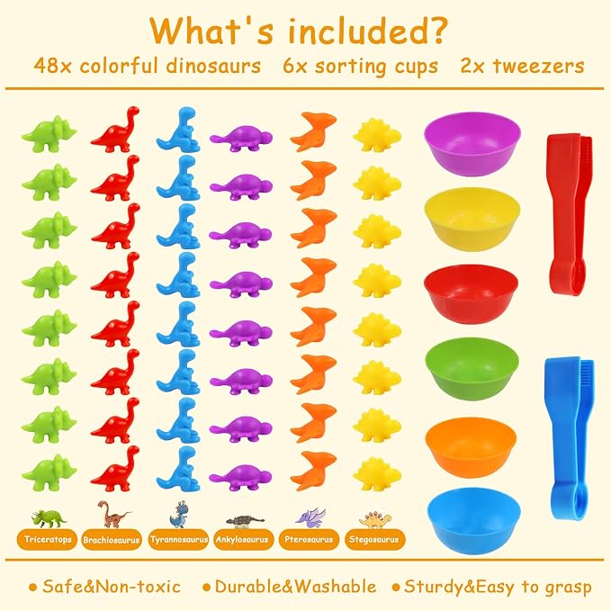 RAEQKS Counting Sorting Dinosaur Toys Montessori Sensory Matching Toy with Bowls Preschool Learning Activities Educational Stacking STEM Game Animals Gifts Sets for Kids Aged 3+ Years Old Boys Girls