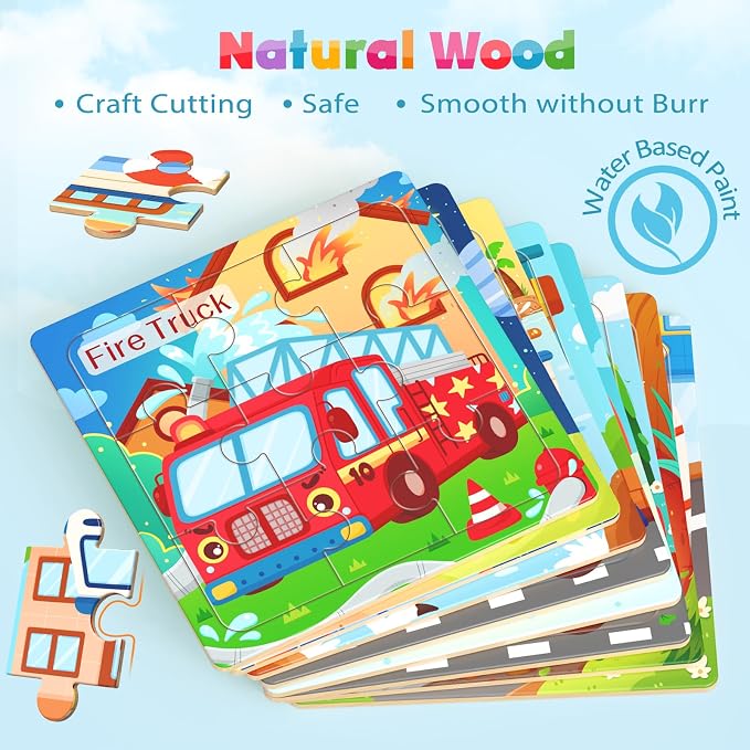 Zeoddler Wooden Puzzles for Toddlers, 8 Pack Vehicle Jigsaw Puzzles for Kids3-5, 9 Pieces Preschool Learning Activities, Learning & Educational Toys, Gift for Boys, Girls