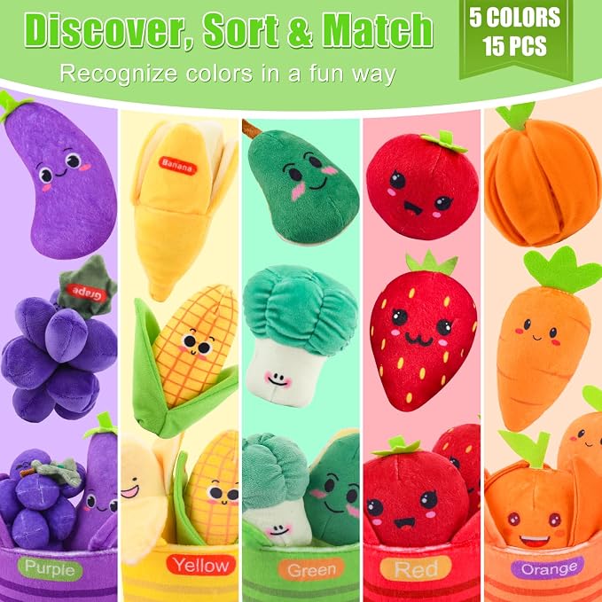 Baby Toys 6-12 Months, My First Fruits & Vegetables Sensory Toys with Rattle Crinkle Sounds Color Sorting Play 15 PCS, Montessori Toys for 1 Year Old, Toddler Stocking Stuffers Baby Boy Girl Gifts
