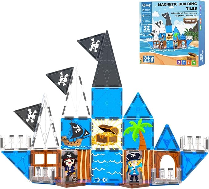 Bmag Magnetic Tiles for Kids,32 PCS Pirate Set with 3D Magnet Building Blocks, STEM Educational Toys for Preschool Learning, Gift for Boys & Girls Age 3 4 5+