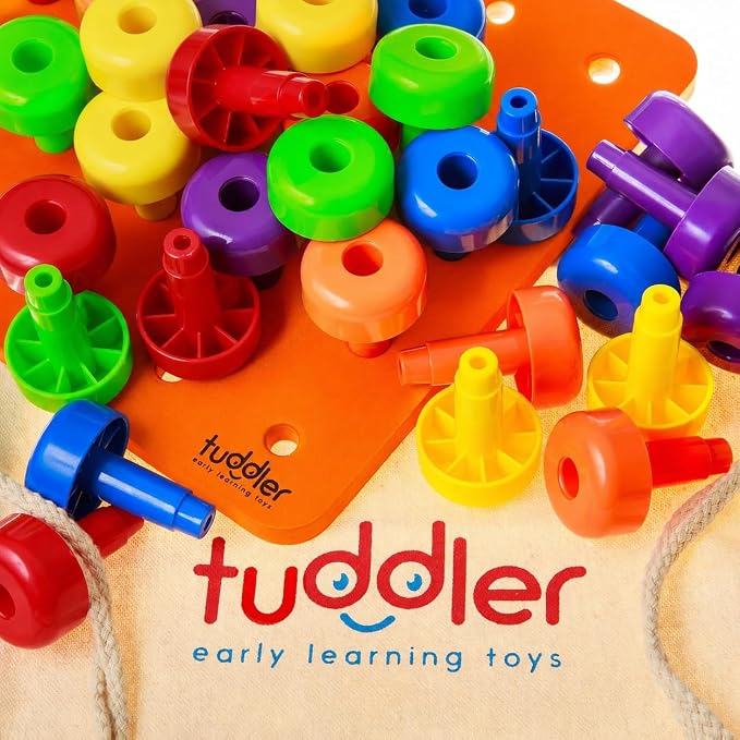 Toddler Peg Board Sensory Montessori Fine Motor Skills Educational Toys - 30 Stackable Pegs + Pattern Card + Drawstring Backpack + E-Book (Orange)