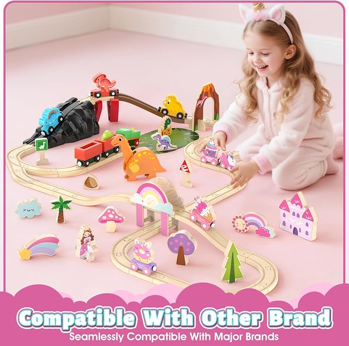 Lehoo Castle Wooden Train Set for Girls, Pink Unicorn Train Set | Princess and Castle Pieces for Imaginative Play, Compatible with Most Wooden Train Tracks, Birthday Gift for Girls