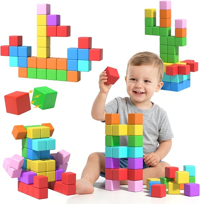 Magnetic Blocks Large, 56PCS 1.34in Magnetic Building Blocks, 3D Magnetic Cubes for Toddlers, Preschool Educational Construction Kit, Sensory Montessori Toys Kids Blocks for Boys Girls Toddlers