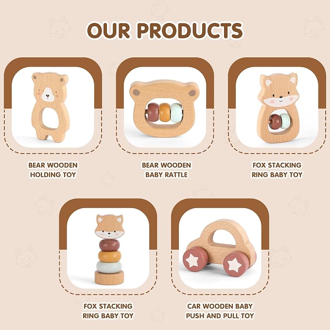 FReniland Wooden Montessori Toys, 5-Piece Wooden Baby Toys, Bear Baby Rattle, Fox Stacking Ring, Car Push and Pull Toys, Bear Grasping Toys,Newborn Baby Gift Sets for Boys and Girls