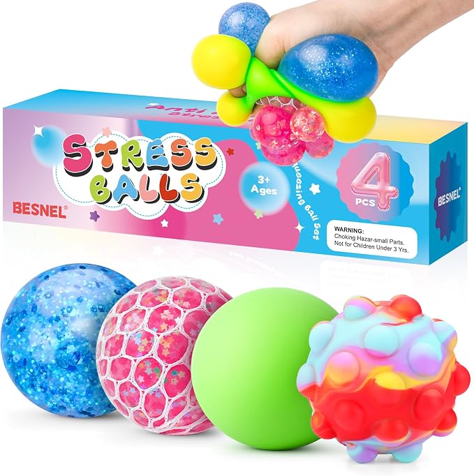 Stress Balls 4 Pack for Adults and Kids, Squeeze Squishy Fidget Toys | Sensory Toys for kids with Autism, Squishy Fidget Toys for Stress and Anxiety Relief, Prize for Classroom