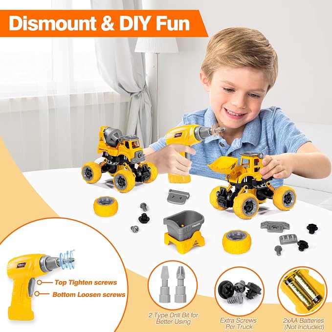 LUDILO Take Apart Construction Toys for 4 Year Old Boys Gifts Toys Age 4-6 | 4PCS Excavator Toy with Electric Drill/Kids Toy Boys 3-5/Building Learning Stem Toys for 3 4 5 6 7 Year Old Boy Birthday Gift