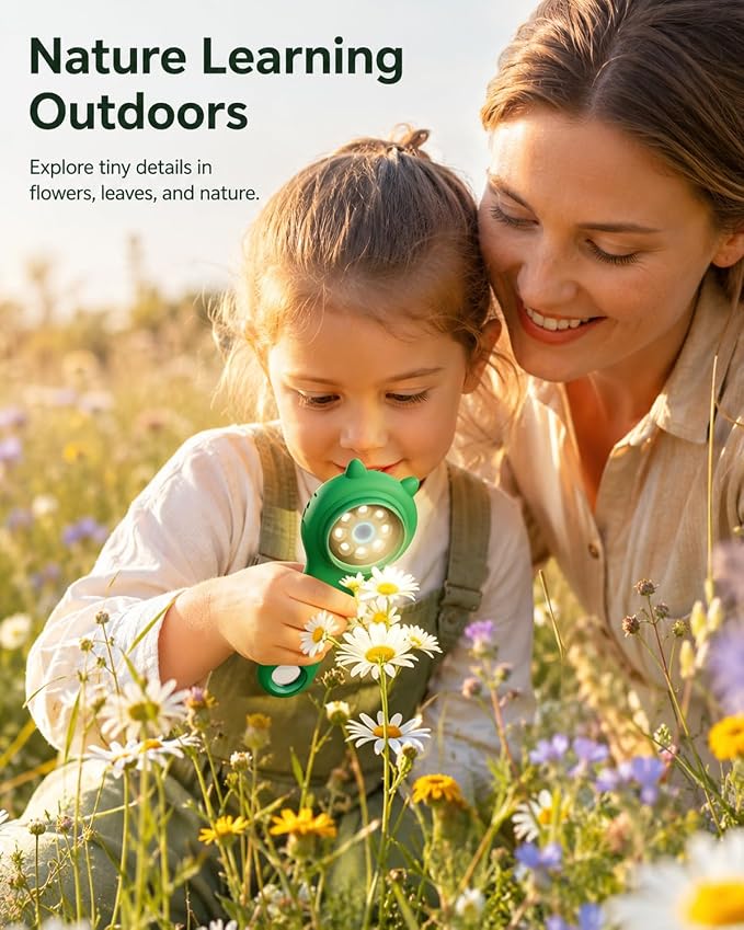 Nature Exploration Microscope for Kids, 500X Portable Digital Microscope with 2" IPS Screen, Plant Leaf Observation STEM Toy Age 5-12 (Green)