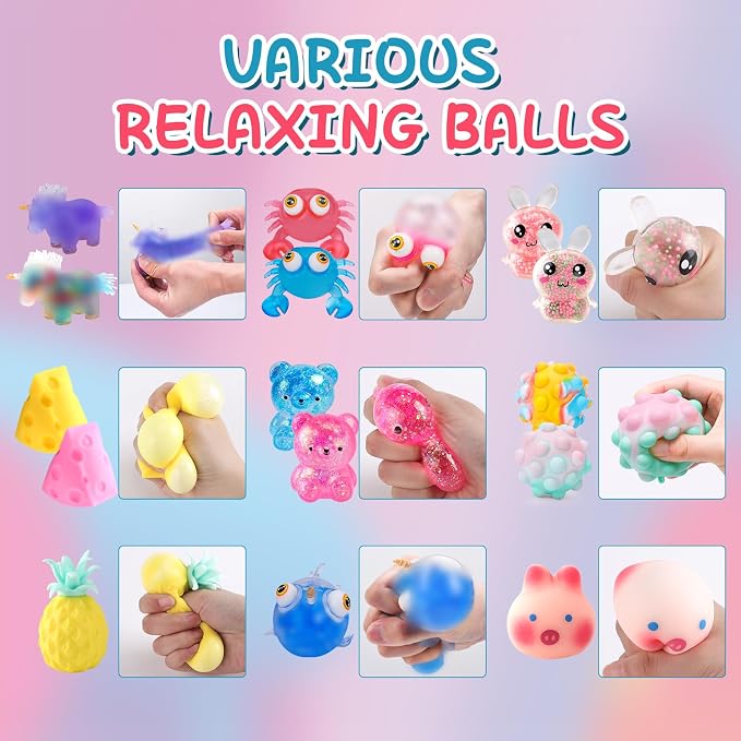 54 Pack Stress Balls, Squishy Balls, Squeeze Balls for Adults | Stress Relief Balls, Prize Box Stuffers, Party Favors