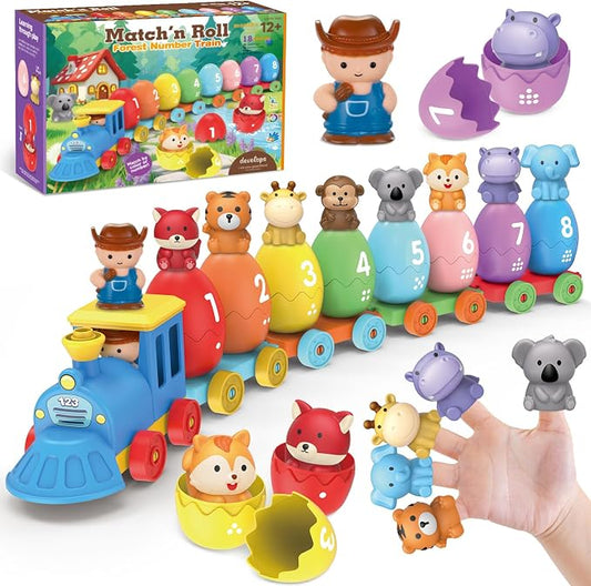 Grarain Toddler Train Toy Set with Farm Animal Finger Puppets & Eggs, Montessori Educational Color Number Sorting Matching Learning Toys for Kids Boys Girls 1-3 Year Old, Fine Motor Gifts