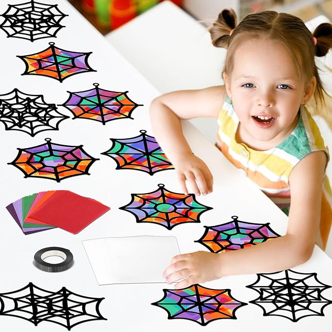 Qyeahkj 36 Set Halloween Spider Web Suncatchers Crafts DIY Hanging Spider Web Tissue Paper Crafts Kit Window Art Ornaments Decor for Halloween Activity Art Project Party Favor Gift